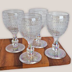 Set of 4 Textured Clear Iridescent Wine Glasses Bubble Pearl Stem Glassware